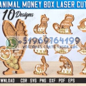 🐿️ Pack de Alcancías de Animales 3D para Corte Láser – 10 Diseños Únicos