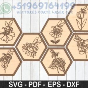 Decoración Hexagonal de Abejas y Flores – Pack de Vectores para Corte Láser