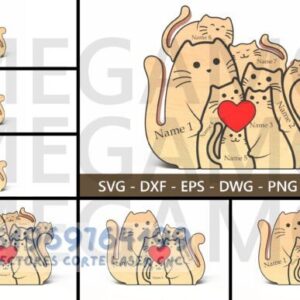 Decoración Personalizada de Familia de Gatos – Diseño en Capas para Corte Láser