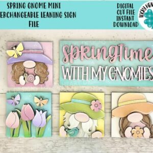 Set decorativo de primavera con gnomos – ideal para mini letreros y escaleras decorativas