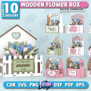 Caja de flores de madera con mensajes para mamá – Pack con 10 diseños para corte láser