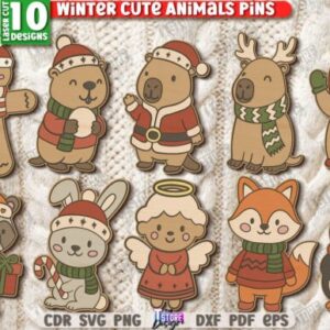 Paquete de Pines de Animales Invernales Tiernos – Diseños Navideños para Corte Láser