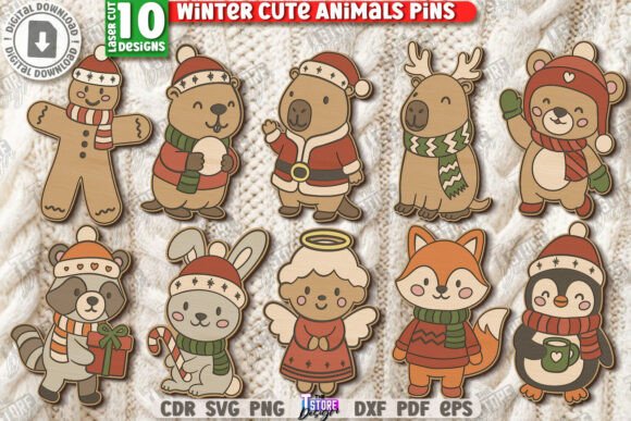 Paquete de Pines de Animales Invernales Tiernos – Diseños Navideños para Corte Láser