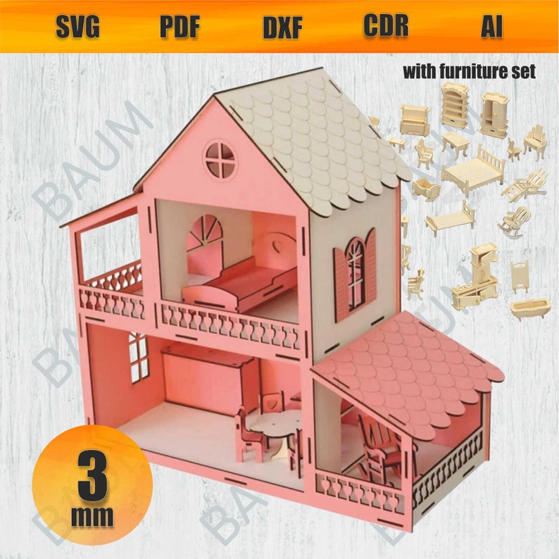 Casa de Juegos Infantil 3D con Mobiliario para Corte Láser