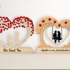 Decoración con forma de pareja de árboles de corazones para corte laser