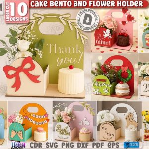 Pack Cake Bento y Porta Flores 3D – 10 Diseños Vectoriales para Corte Láser