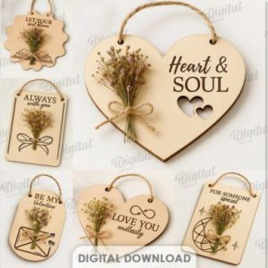 Etiquetas Decorativas de Madera con Flores Secas – Vectores para Corte Láser