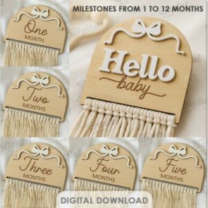 Hitos de Bebé en Estilo Macramé – Pack Vectorial de 1 a 12 Meses para Corte Láser