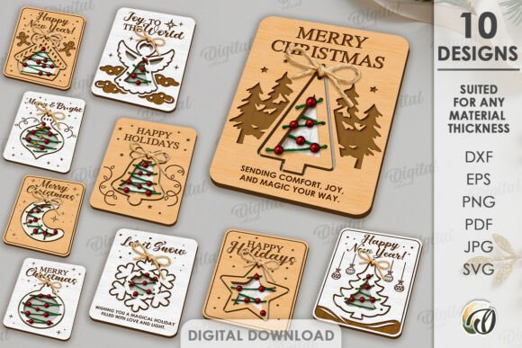 Paquete de Tarjetas Navideñas en Capas para Corte Láser – Diseños Festivos en Madera