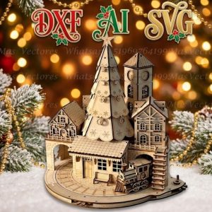 Pueblo navideño 3D con árbol y tren giratorio para corte láser