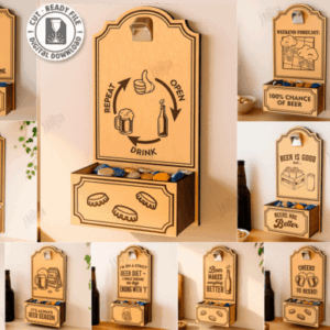 Abridor de Botellas con Caja para Tapas – Diseño Láser en Madera para Amantes de la Cerveza