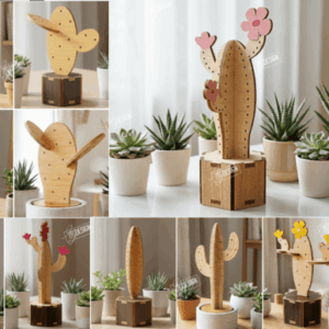 Cactus Floral 3D con macetero en Madera – Decoración Viva para Corte Láser