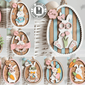 Adornos de Pascua en Forma de Huevo con Conejitos – Diseño en Capas para Corte Láser
