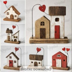Casitas decorativas vintage de madera flotante con corazones – Vector artístico para corte láser  Descripción del producto