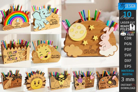 Organizador de Escritorio Porta Lápices Infantil en Madera – Diseños Creativos para Corte Láser