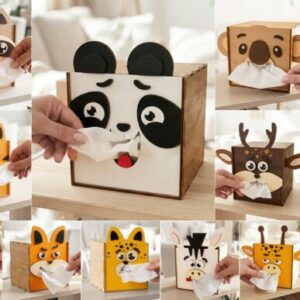 Caja de pañuelos con rostros de animales en madera – Diseño creativo para corte láser
