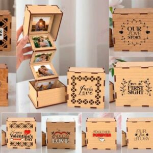 Caja de recuerdos con fotos en madera – Diseño láser tipo sorpresa con compartimentos ocultos