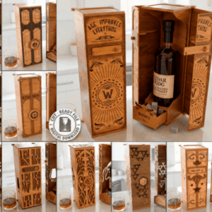 Caja premium para whisky en madera – Diseño láser con compartimentos y detalles calados
