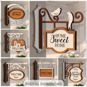 Colgadores de pared “Welcome Home” en madera – Diseño láser con soportes decorativos y estilo clásico