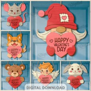 Colgadores decorativos 3D para puerta – Personajes tiernos de San Valentín en madera