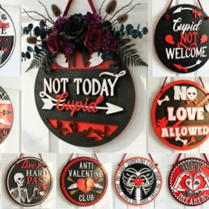Letreros Redondos Anti-Valentín en Madera – Humor Oscuro para Corte Láser