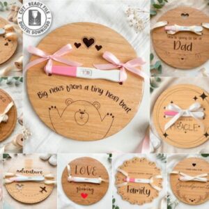 Discos reveladores de embarazo en madera – Diseño láser para anuncios sorpresa y recuerdos especiales