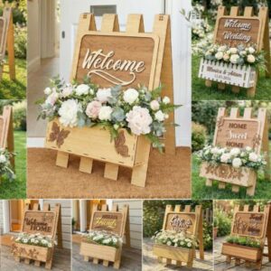 Letrero de Bienvenida con Florero Tipo A – Decoración en Madera para Eventos y Hogar