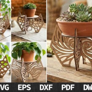 Soporte decorativo para macetas en madera – Diseño calado láser con estructura geométrica