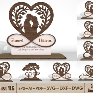 Adorno Romántico de Pareja con Corazón e Infinito – Diseño Personalizable para Corte Láser