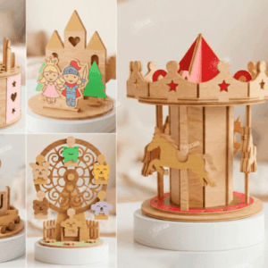 Cajas de música tipo carrusel en madera – Diseño encantador para corte láser