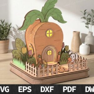 Casa de Conejo en Forma de Zanahoria – Escena 3D para corte láser