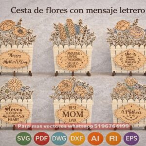 Cesta decorativa de flores con letrero grabado – Diseño elegante para corte láser