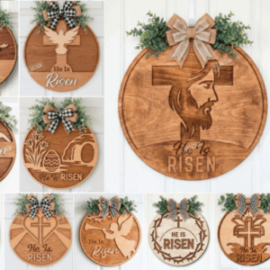 Letreros religiosos redondos de pared “He Is Risen” – Pack espiritual para corte láser CNC