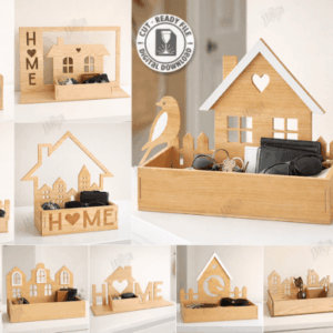 Organizador de escritorio con forma de casa en madera – Diseño cálido y funcional para corte láser