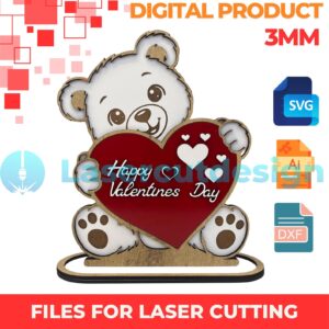 Oso romántico con corazón para San Valentín – Vector para corte láser 3 mm