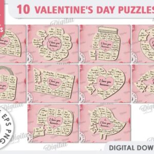 Colección de rompecabezas románticos de San Valentín – Pack completo para corte láser