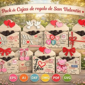 Cajas románticas tipo buzón – Pack de regalo San Valentín para corte láser