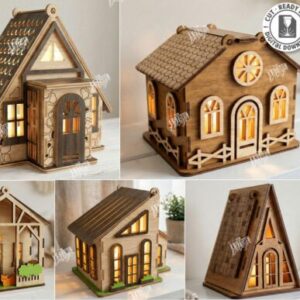 Casitas Lámpara 3D para Corte Láser – Diseños Decorativos en Capas para Iluminación Artesanal