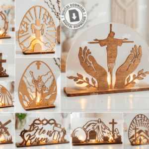 Portavelas cristianos de Pascua “He Is Risen” – Pack CNC para corte láser