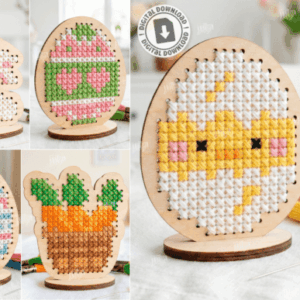 Soportes de punto de cruz de Pascua en madera – Pack creativo para corte láser