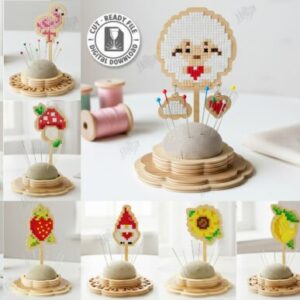 Soportes de costura con alfiletero en madera – Pack creativo para corte láser