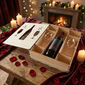 Caja de regalo para botella de vino con compartimentos y tapa decorativa