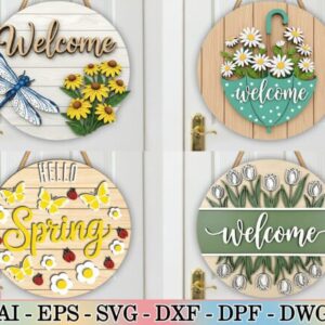 Cuadros Redondos de Bienvenida para Puerta – Decoración Primaveral para Corte Láser