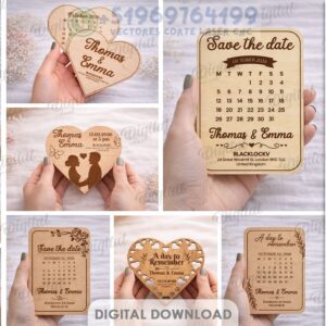 Save the Date – Calendarios y Tarjetas de Boda en Madera para Corte Láser (Pack de 10 Diseños)