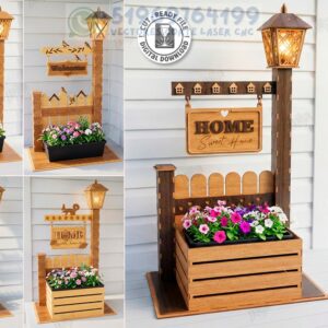 Pack de 5 Jardineras Decorativas con Farol y Cartel de Bienvenida – Corte Láser