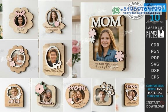 Pack de Marcos de Fotos para el Día de la Madre – 10 Diseños Decorativos para Corte Láser