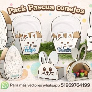 Pack Pascua Conejos | Cestas y Cajas Decorativas para Corte Láser (CDR, DXF)