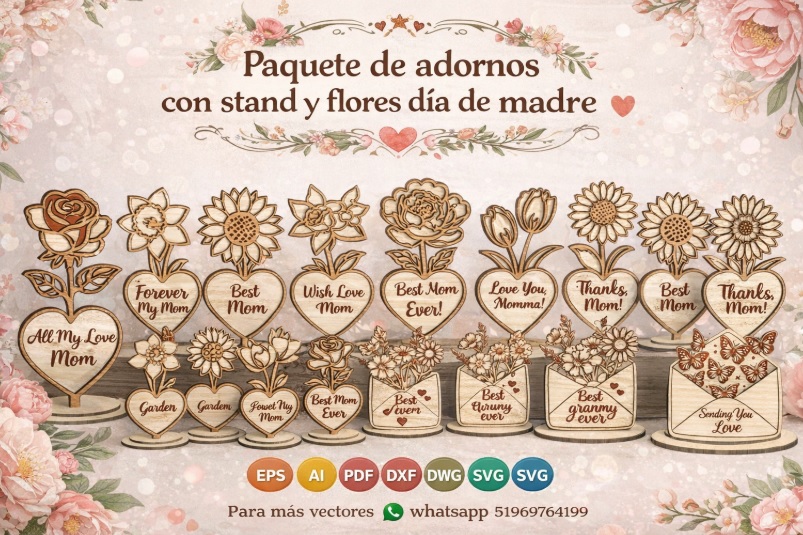 Paquete de adornos con stand y flores dia de la madre