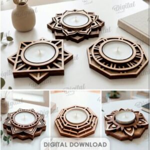 Set de portavelas geométricos en madera – Diseños decorativos para corte láser