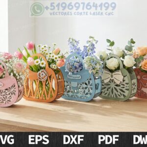 Cestas Florales Decorativas en MDF | Pack de 5 Diseños Elegantes para Corte Láser (SVG, DXF, EPS, PDF, DWG)